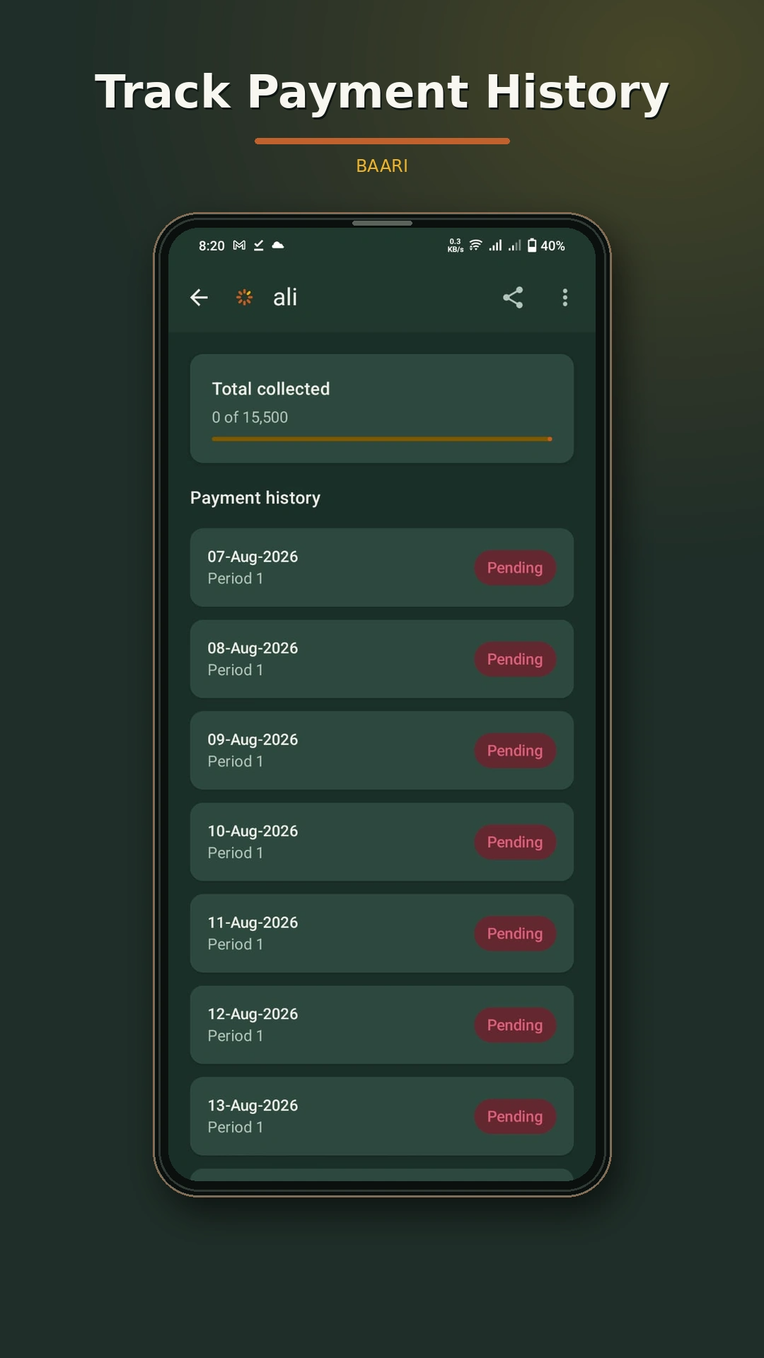 Baari daily payment marking screen