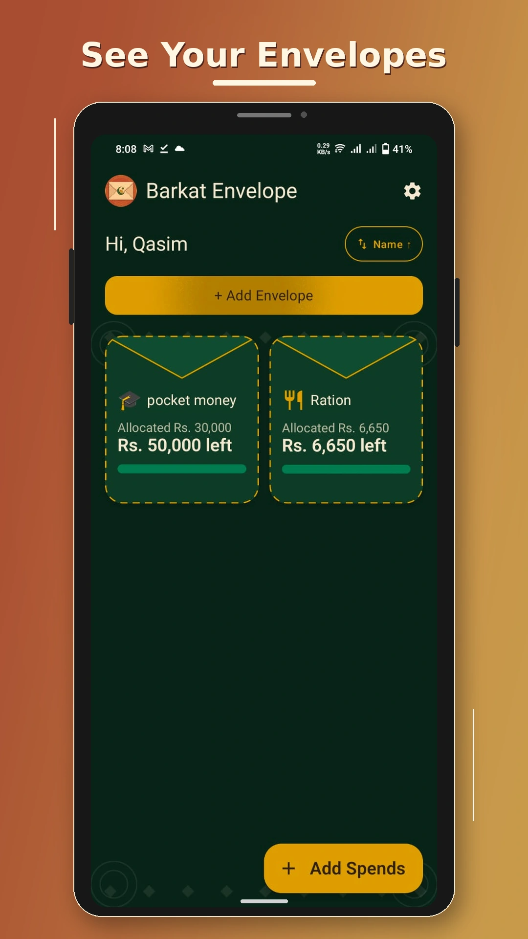 Barkat Envelope home screen with envelope list