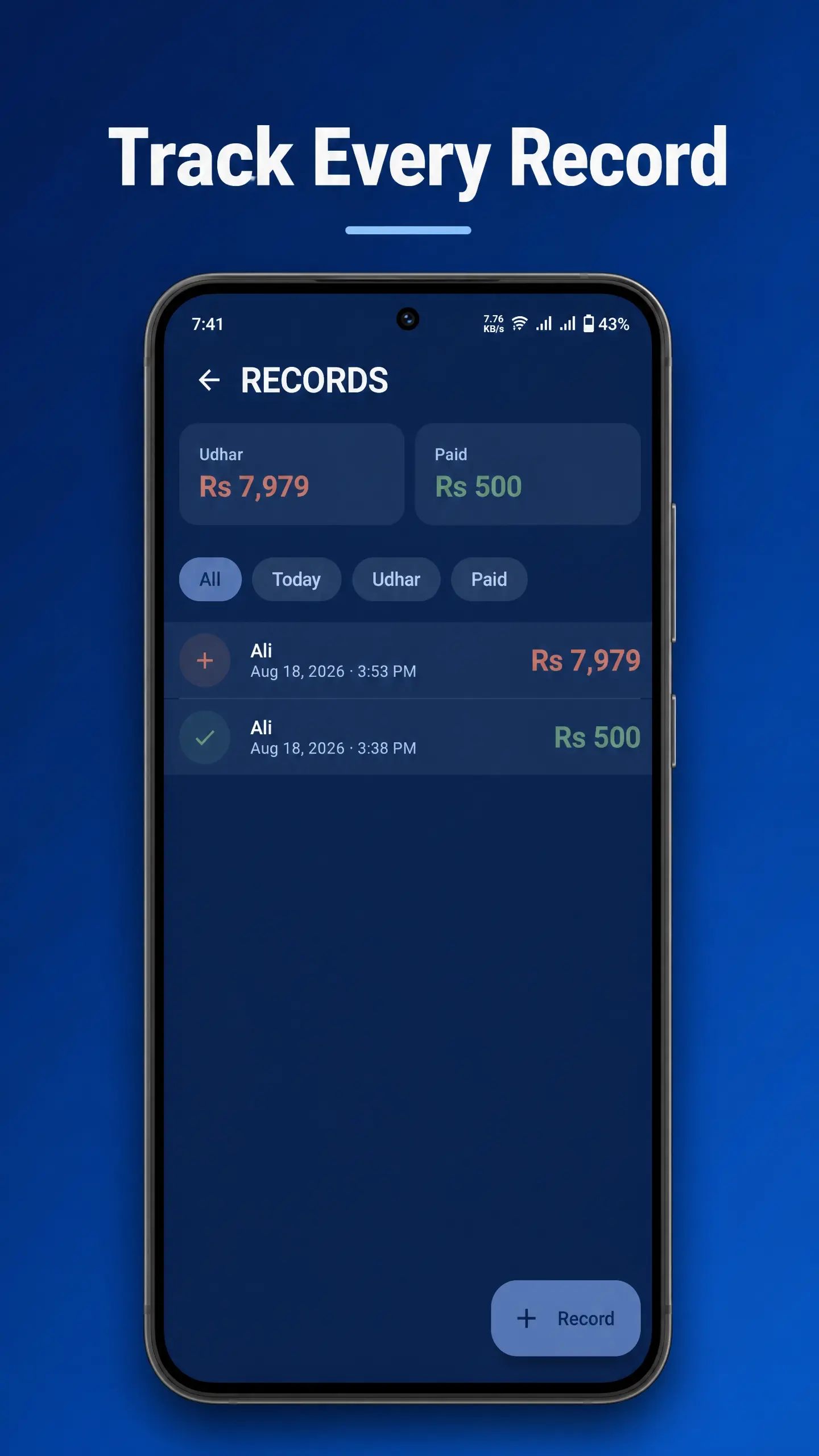 Easy Udhar add record screen