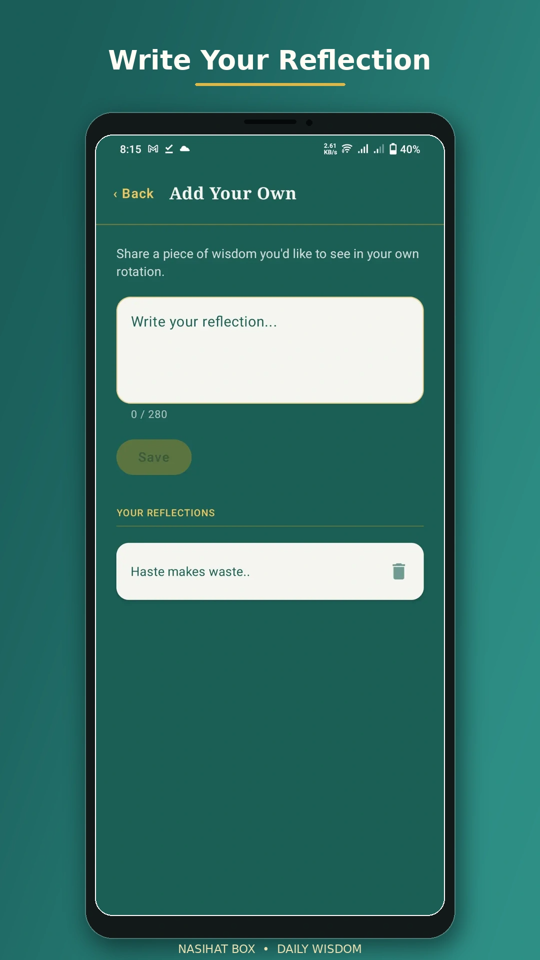 Nasihat Box add-your-own entry screen