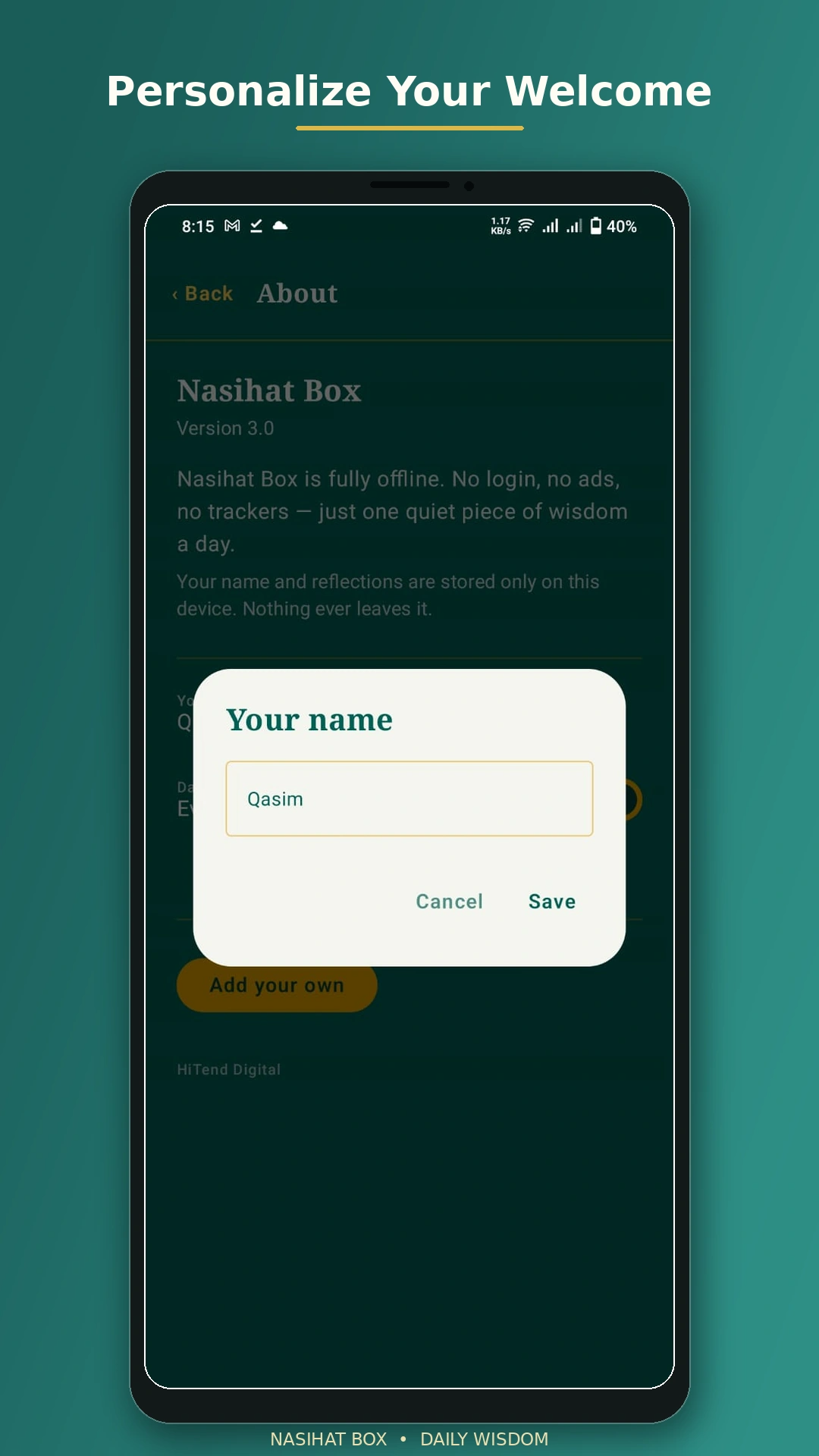 Nasihat Box settings screen
